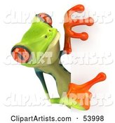 Cute Green Poison Dart Frog Looking Around a Blank Sign - Pose 4