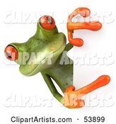 Cute Green Tree Frog Looking Around and Pointing to a Blank Sign