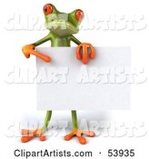 Cute Green Tree Frog Standing Behind a Blank Sign and Pointing to It