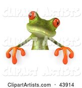 Cute Green Tree Frog Standing Behind a Blank Sign