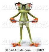 Cute Green Tree Frog Wearing Glasses and Reading - Pose 4