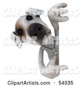 Jack Russell Terrier Pooch Character Pointing and Looking Around a Sign