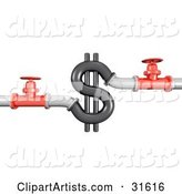 Piping and Shut off Valves on Both Sides of a Dollar Sign, Symbolizing Wasting Money, Plumbing Costs and Debt