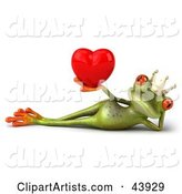 Reclined Green Frog Prince Wearing a Crown and Holding up a Red Heart