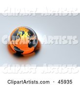 Shiny Globe with Black Continents and Orange Oceans, Floating on Gray Water