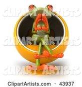 Thoughtful Green Tree Frog Sitting in an Orange Cccoon Chair