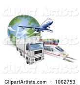 Big Rig, Train, Cargo Ship and Airplane with a Globe