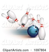 Blue Bowling Ball Striking into Pins