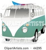 Green and White VW Van with a Surf Board on the Roof