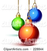 Shiny Green, Blue and Red Christmas Baubles Suspended from Gold Chains
