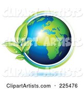 Shiny Gren and Blue African Globe Circled with Blue and Green Lines and Dewy Leaves