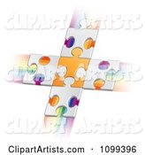 White Puzzle Pieces Connected to an Orange Piece Forming a Cross over Rainbow Streaks