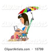 A Brunette Woman in a Blue Bikini, Sandals and Sunglasses, Seated in a Beach Chair Under an Umbrella, Typing on a Laptop Computer