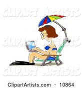 A Middle Aged Brunette Woman in a Blue Bikini and Flippers, Seated in a Beach Chair Under an Umbrella, Typing on a Laptop Computer