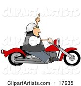 Angry Caucasian Biker Man, Riding a Red Motorcycle and Flipping Someone off Who Doesn't Know How to Drive