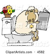 Anthropomorphic Sheep Going Poop in a Human Toilet and Is Reading a Newspaper