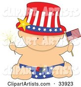 Baby in a Patriotic American Hat and Diaper, Holding a Sparkler and Flag on Independence Day