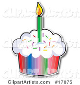 Birthday Cupcake with a Colorful Wrapper and Sprinkles, Topped with a Lit Candle