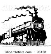 Black and White Steam Train Traveling Along the Railroad