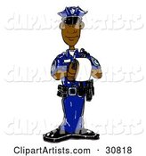 Black Male Cop in a Blue Uniform, Standing and Issuing a Warning or Ticket While on Patrol