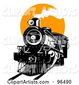 Black Steam Train Moving Forward Against an Orange Sun
