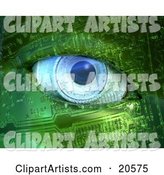 Blue Camera Lens Eyeball in a Robot Face Made of Green Circuits