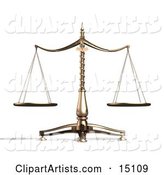 Brass Scales of Justice Balanced Evenly over a White Background