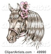 Bridled Horse Wearing Pink Hibiscus Flowers in Its Mane