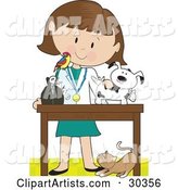 Cat at a White Female Veterinarian's Feet As She Bandages up a Puppy, a Bird Perched on Her Shoulder