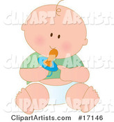 Caucasian Baby Boy in a Green Shirt and Diaper, Holding a Pacifier