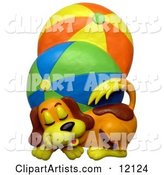 Clay Sculpture of a Cute Puppy Dog Sleeping Next to Two Large Brightly Colored Beach Balls