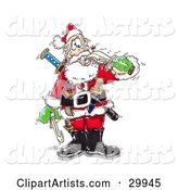Crazy Santa Biting a Sword with His Teeth, Armed with Knives and Weapons