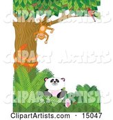 Cute Baby Panda Sitting in Green Foliage While an Orange Snake Coils Himself Around a Tree in Which a Scarlet Macaw Parrot Perches and Watches a Silly Monkey That Is Hanging Upside down in a Zoo