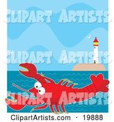 Cute, Big, Red Lobster Cartoon Character Swimming in the Sea near a Lighthouse with Flying Seagulls