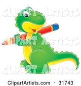 Cute Green and Yellow Baby Dinosaur Smiling at the Viewer While Writing with a Red Pencil