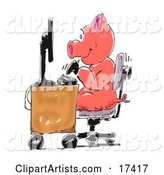 Cute, Humanlike Pink Piggy Typing Away on a Computer Keyboard and Working at a Desk in an Office