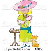 Cute Little Blond Caucasian Girl Dressed in Her Mother's Clothes and Pouring a Cup of Tea into a Cup While a Marmalade Cat Looks up at Her, Waiting for a Treat