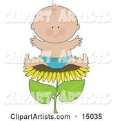 Cute Little Caucasian Baby Boy in a Blue Cloth Diaper, Sitting on Top of the Head of a Sunflower