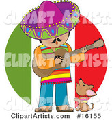Cute Little Chihuahua Puppy Dog Wearing a Colorful Bandana Around Its Neck, Howling and Sitting at the Feet of a Male Mexican Musician Who Is Wearing Colorful Clothes and a Sombrero, Singing and Playing a Guitar