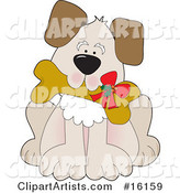 Cute Puppy Dog Carrying a Dog Biscut with a Christmas Bow on It