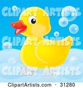 Cute Yellow Rubber Duck Swimming with Bubbles in a Tub
