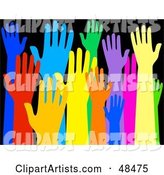 Diverse and Colorful Group of Raised Hands on Black