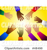 Diverse Ethnic Hands Reaching in Towards Light, over Yellow