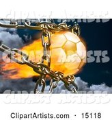 Feiry Soccer Ball Breaking Through Metal Chains While Making a Goal, Symbolizing Breaking Free, Speed, Strength, Victory, and Success