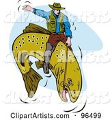 Fisherman Riding a Trout like a Cowboy at the Rodeo