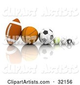 Football, Basketball, Soccer Ball, Tennis Ball, Baseball, Eight Ball, and Golf Ball in a Row on a Reflective White Surface