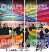 Four Colorful Panels of a Night Club with a Bar, Drums and People on the Dance Floor