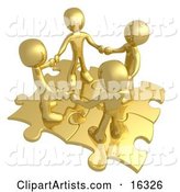 Four Gold People Holding Hands While Standing on Connected Gold Puzzle Pieces, Symbolizing Teamwork, and Interlinking for Seo Website Marketing