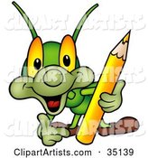 Friendly Green Artistic Cricket Holding a Yellow Colored Pencil