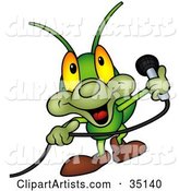 Friendly Green Cricket Holding a Microphone